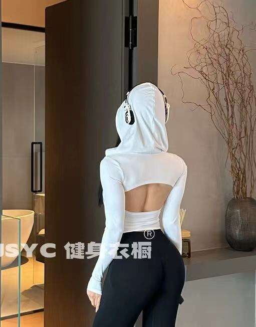 AJS-【带胸垫】废土风欧美跨境修身连帽长袖女运动上衣休闲
