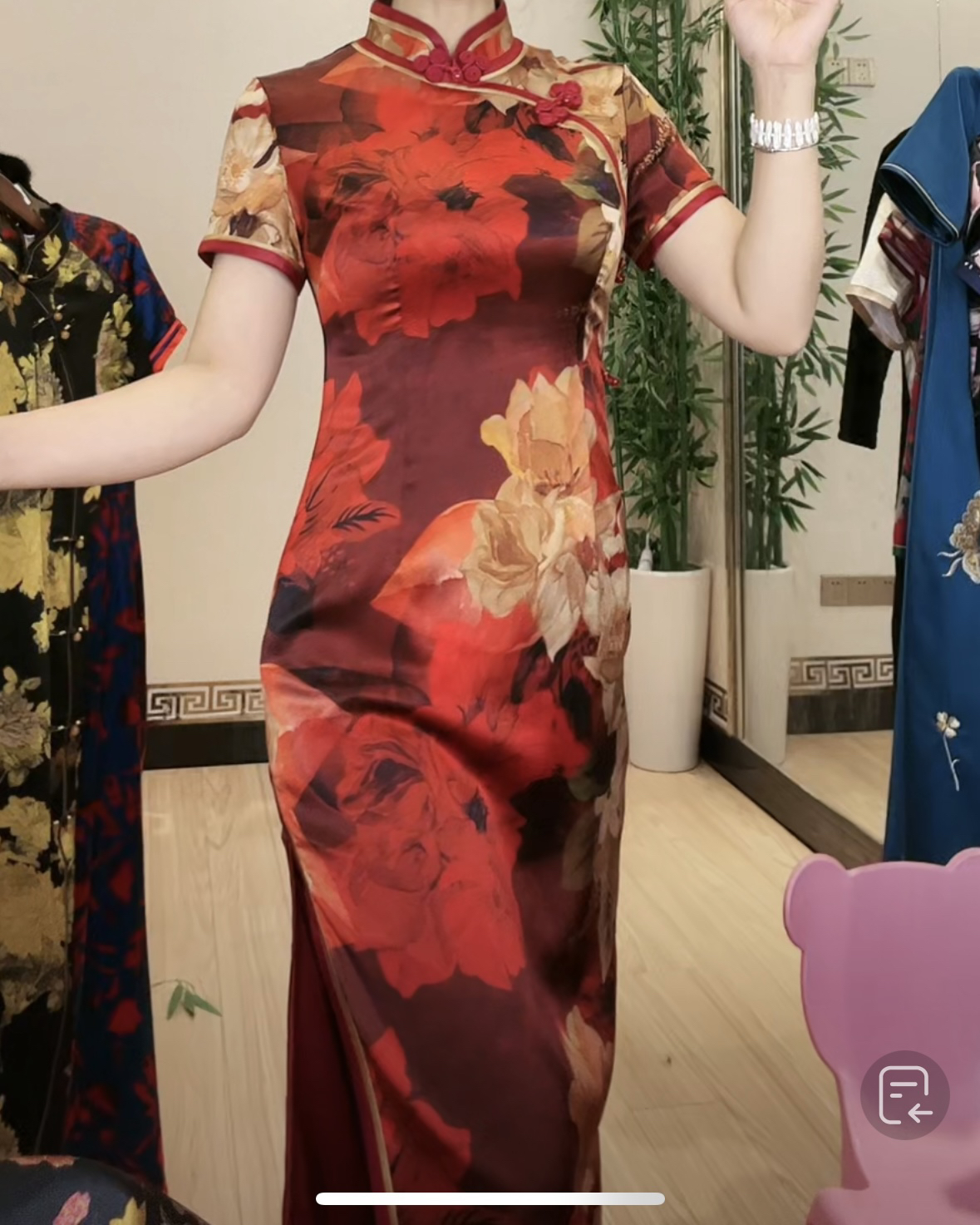 1088【手工桑蚕丝红妆】衣长120旗袍双层全包边花色花色女士