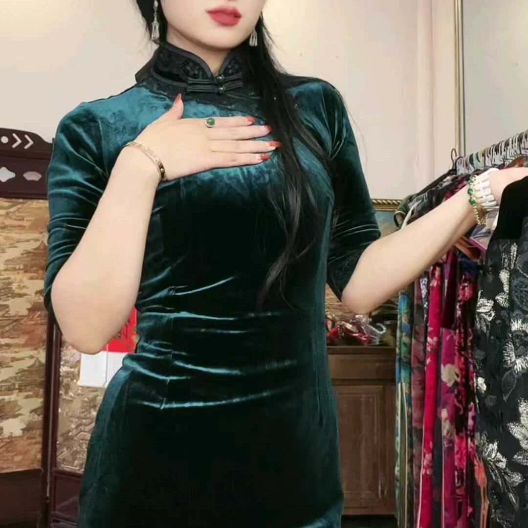 8859【多色中袖黑花领】衣长125双层长款旗袍时尚优雅