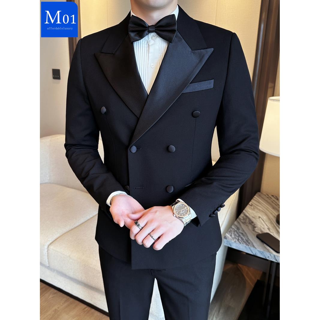 M01新郎西装男士套装结婚高级感礼服韩版商务休闲双排扣西服外套