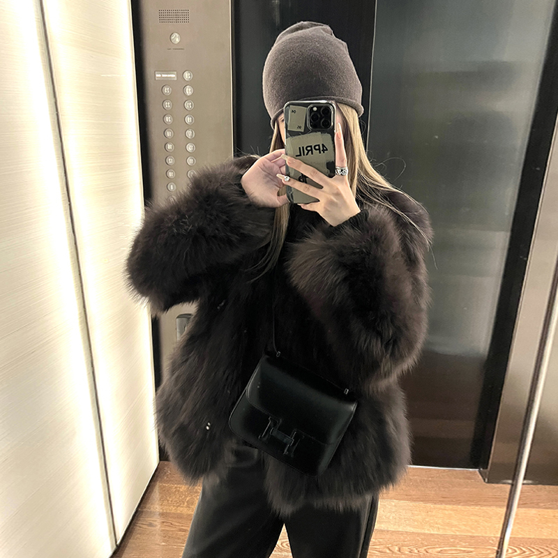 SzBlaZe 人造皮草 海宁女装冬季V领加厚环保毛毛外套短款上衣气质