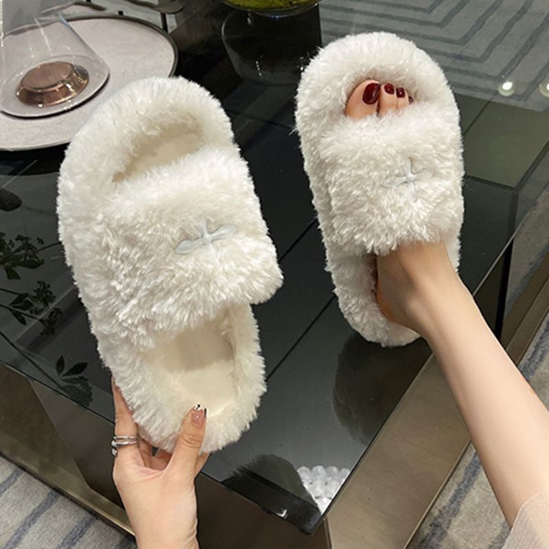 十字架名媛风毛毛拖鞋女秋冬季外穿时尚黑色亲肤优质设计耐磨白色
