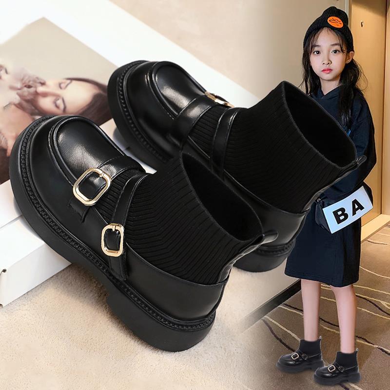 小黄鸭状元女童鞋小皮鞋2023秋季新款儿童短靴子秋冬黑色公主马丁