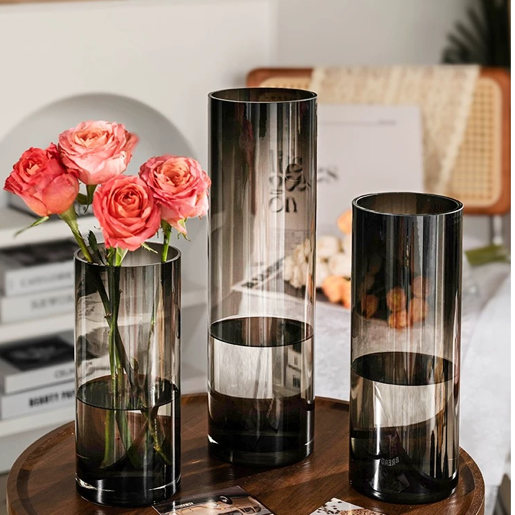 墨染系列|多规格冰透灰原色料水晶玻璃花瓶大号鲜切花玫瑰桌面