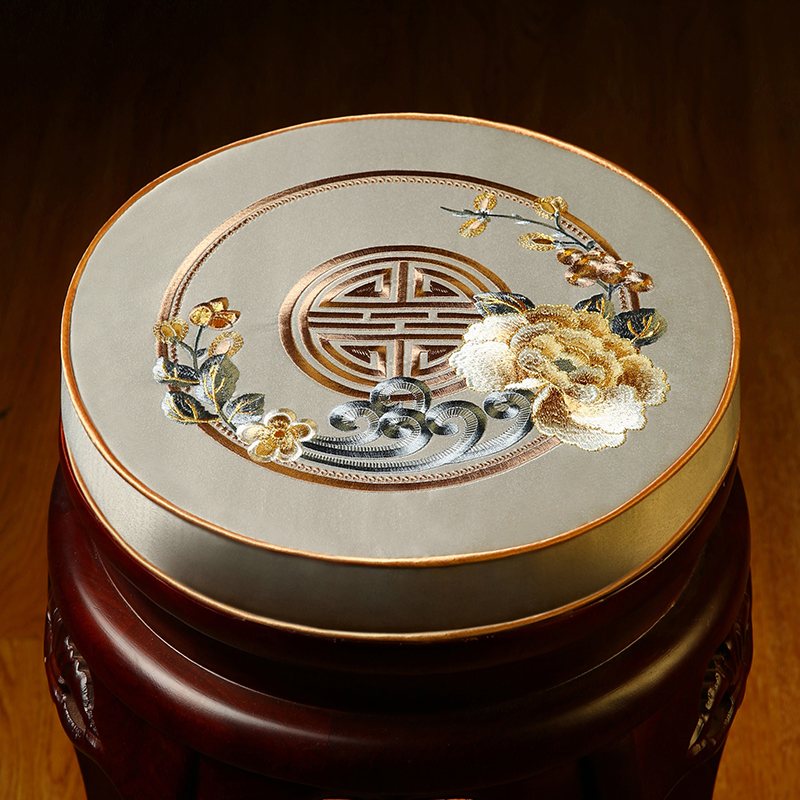 花想容【缎面】新中式鼓凳垫红木椅子圆型坐垫藤椅防滑圈椅垫定制