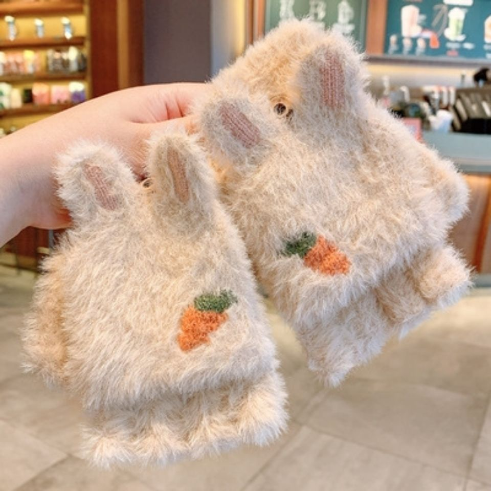 手套加绒学生加厚保暖露指半截可爱韩版卡通青年半指翻盖毛线针织