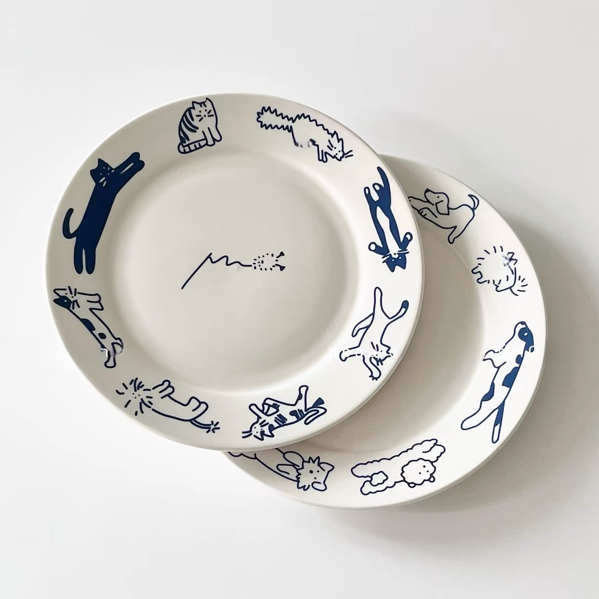 出口韩国复古可爱线描小狗猫猫陶瓷盘8寸卡通甜品早餐盘小众餐具