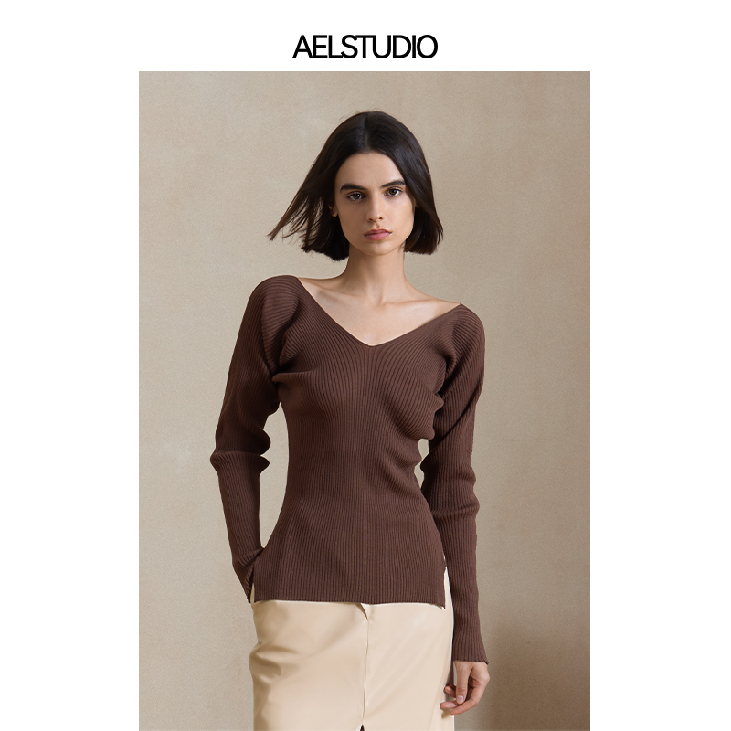 【售完不补】AEL设计感修身v领女慵懒风新款简约针织上衣冬季打底衫