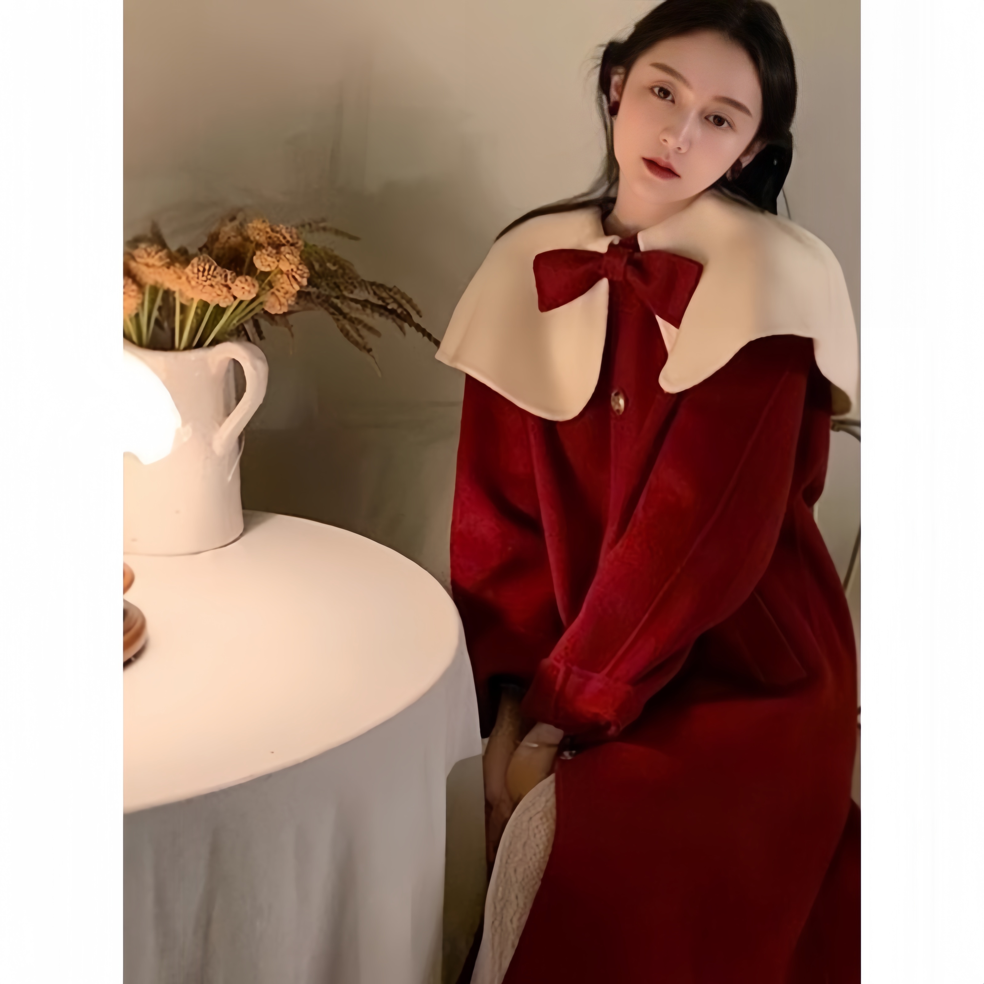 YBN6797秋冬2024新款高级感蝴蝶结红色毛呢外套斗篷呢子大衣女