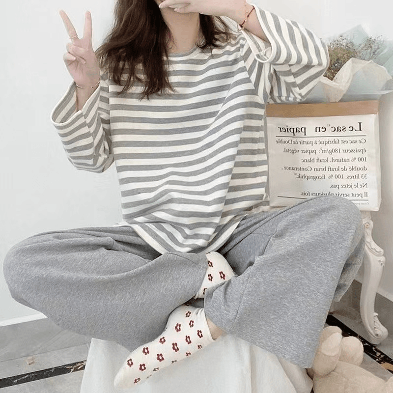 100%纯棉睡衣女士春秋季长袖可外穿休闲全棉条纹秋夏天家居服套装