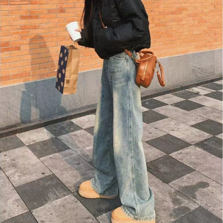 美式复古直筒牛仔裤子女美式高街2025年新款春秋款显瘦高腰阔腿裤
