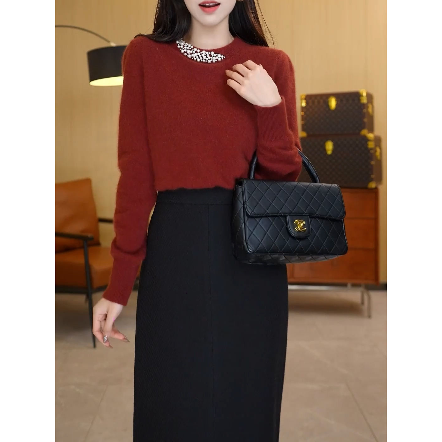 时尚洋气套装女2024秋季新款减龄钉珠长袖针织上衣+半身裙两件套