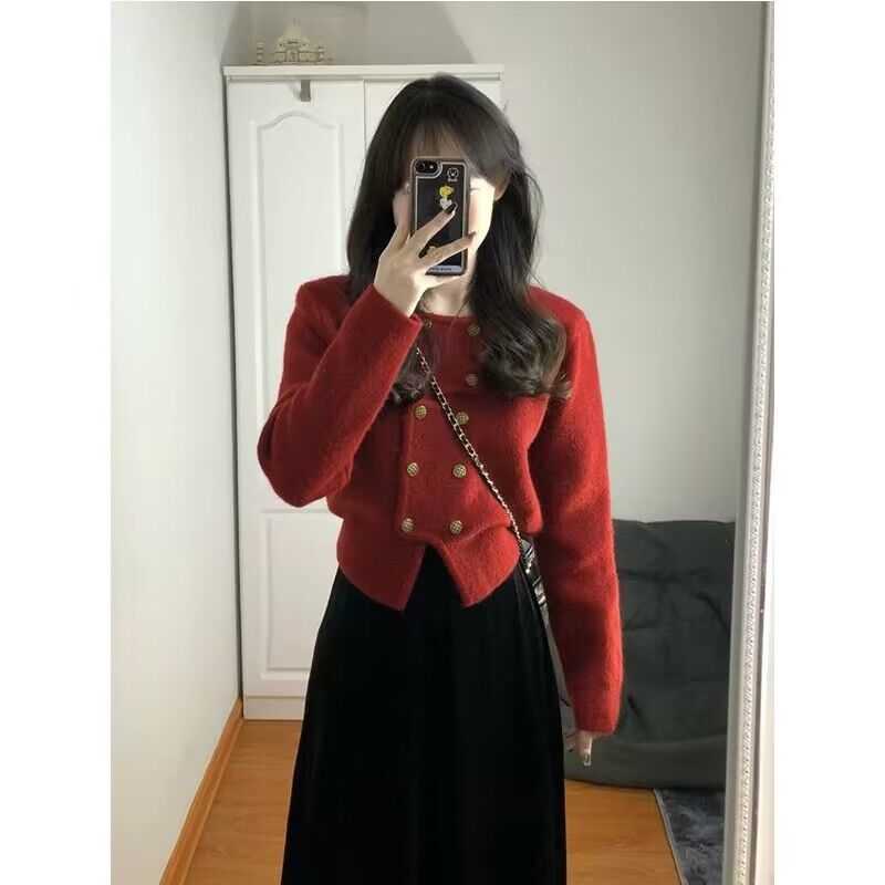 不规则针织开衫毛衣女秋冬2023新款双排扣圣诞新年红色外穿上衣厚