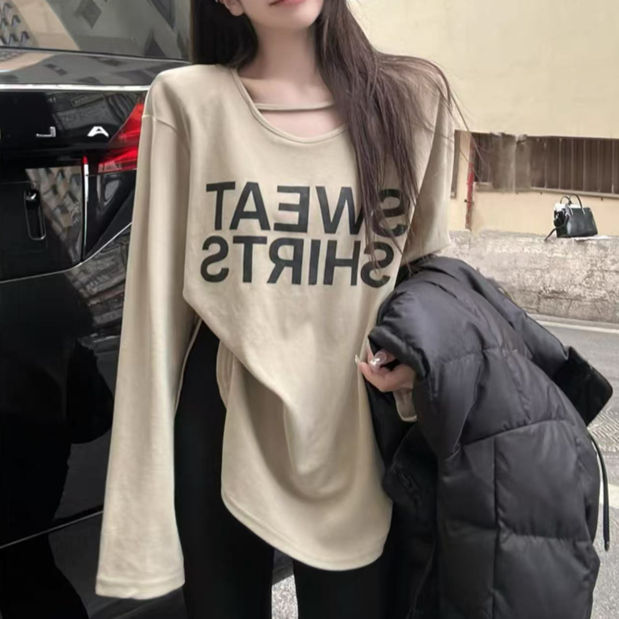 NICE圈圈/特别设计款德绒慵懒风磨毛长袖打底上衣A24229