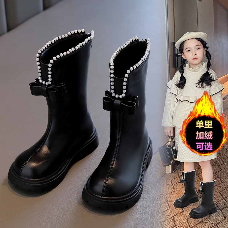 回力瑞女童公主风加绒长筒靴2023秋冬新款百搭软底蝴蝶结高筒靴