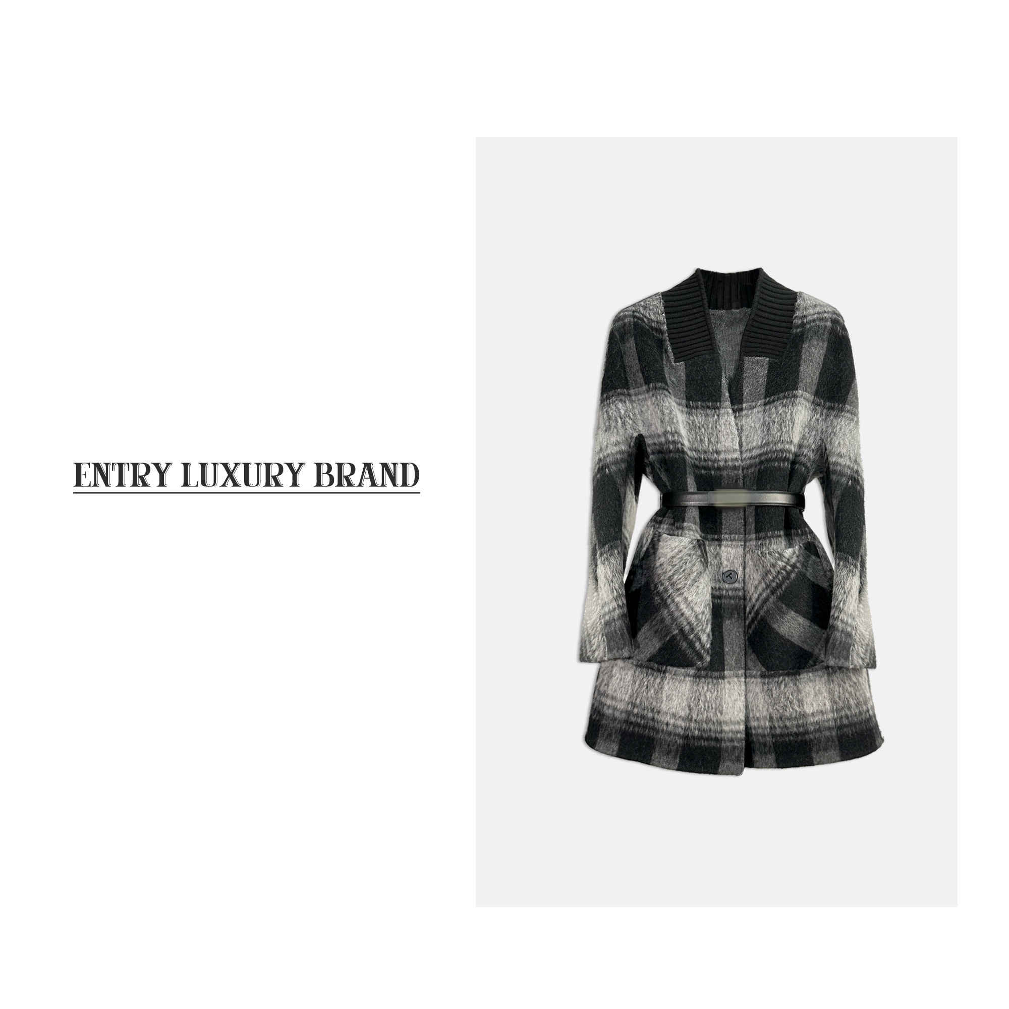 2025年秋冬新款百搭翻领轻奢时尚格子设计师毛呢外套2435335