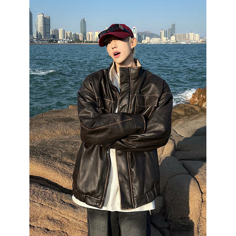 复古做旧擦色PU皮棉衣男冬季皮毛一体机车服外套潮牌痞帅立领棉服