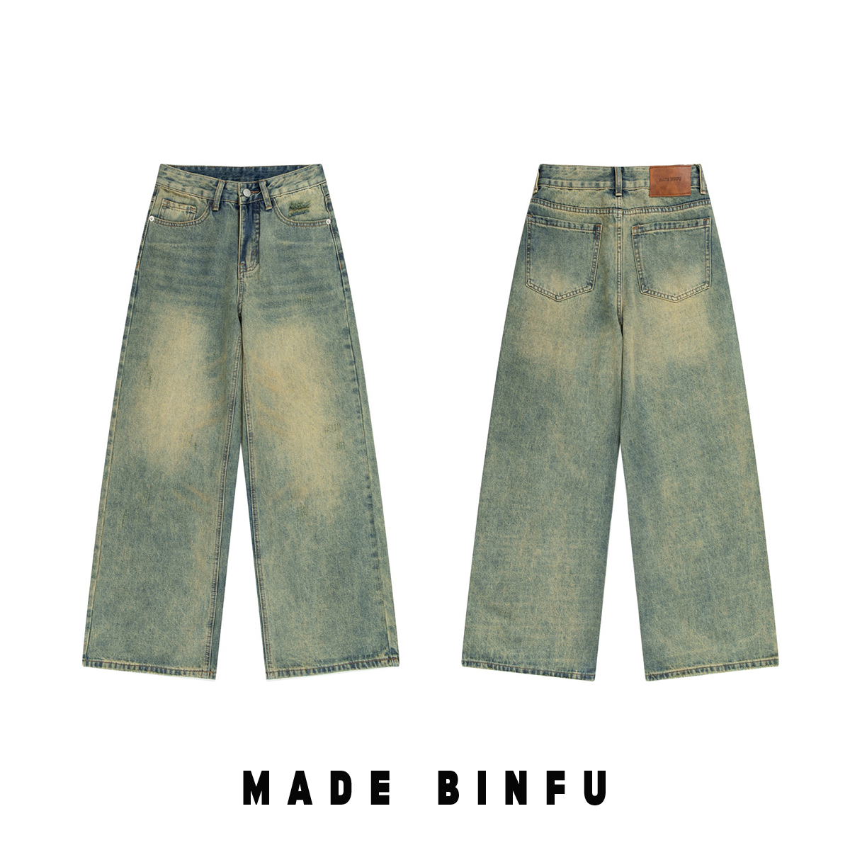 BINFU2024新款做旧蓝男女同款宽松简约百搭牛仔长裤