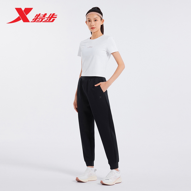 特步针织长裤女士秋季新款松紧腰户外休闲运动九分裤976328840593