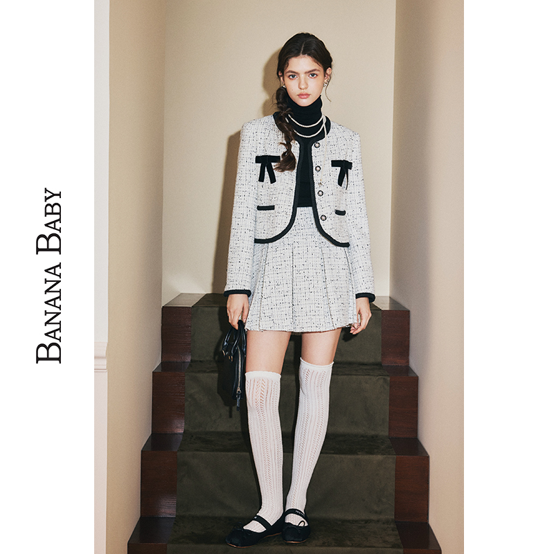 BANANA BABY小香风粗花呢套装女短外套短半裙D244WT643+D244QZ644