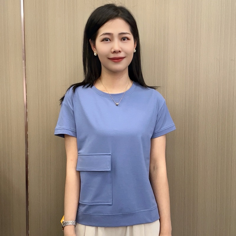 新款百搭圆领舒适口袋设计款纯色时尚休闲女士短袖