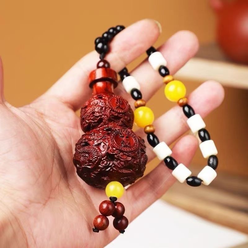 紫檀木【出入平安双龙葫】实木雕刻汽车挂件手把件