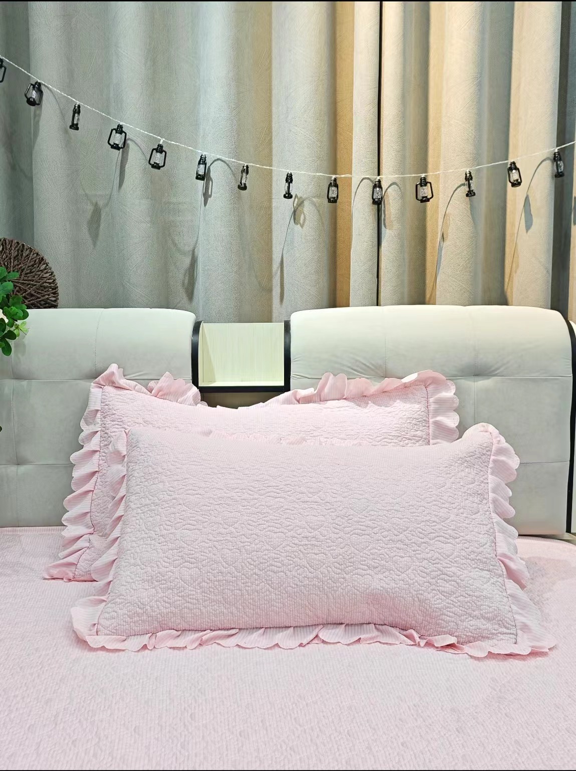 《花边枕套》泡泡 棉荷叶花边绗绣枕套家用（48*74cm一对装）纯色 M