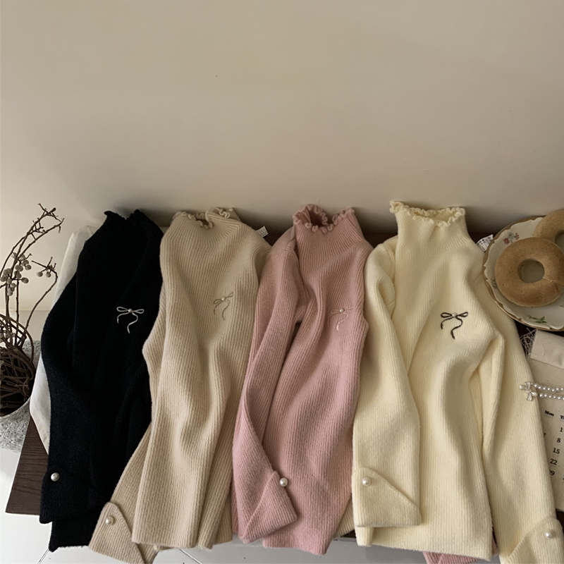 韩版童装秋冬新款女童洋气刺绣蝴蝶结木耳边半高领针织上衣打底衫