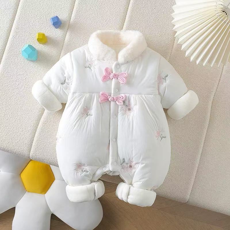 婴儿秋冬季新款爬服女宝宝满月周岁哈衣秋冬加厚毛领花朵棉哈衣