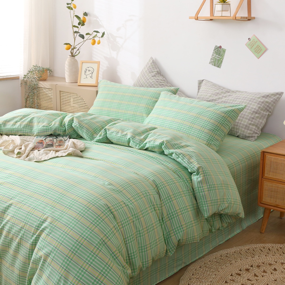 【四件套】水洗棉格子四件套（床单被套枕套）简约柔软舒适