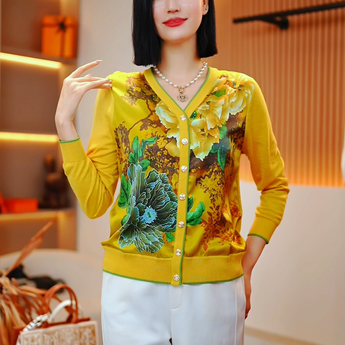 2025春季新品长袖休闲女士复古印花百搭洋气显瘦拼色外套-256黄新