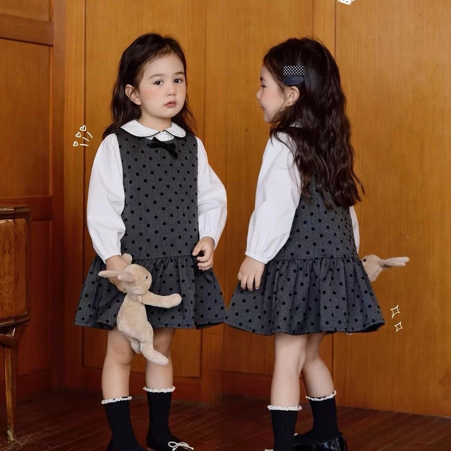 韩版2024年秋季女童新款洋气时尚简约波点背心裙娃娃衬衫两件套装
