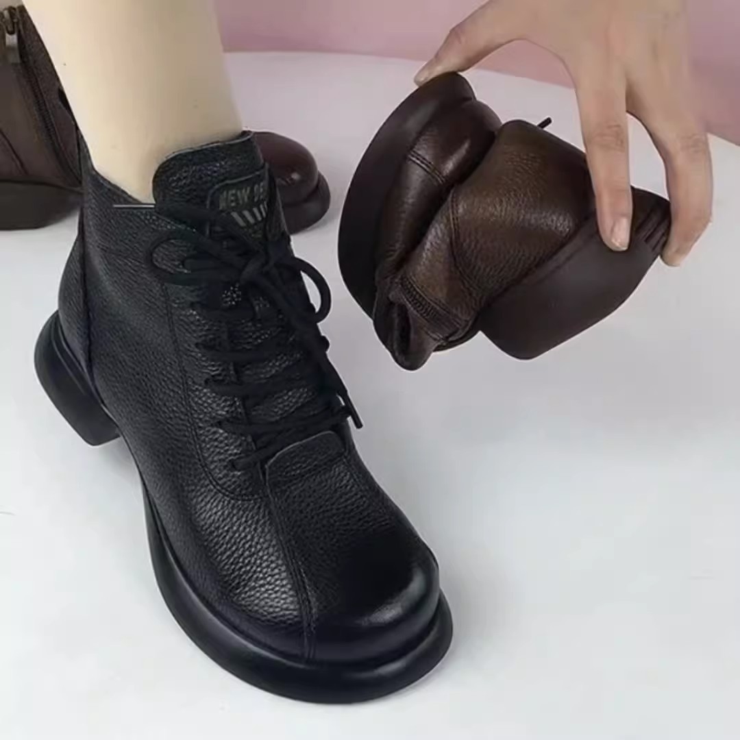 秋冬季休闲2023年秋冬手工复古短靴女圆头粗跟马丁靴软皮防滑
