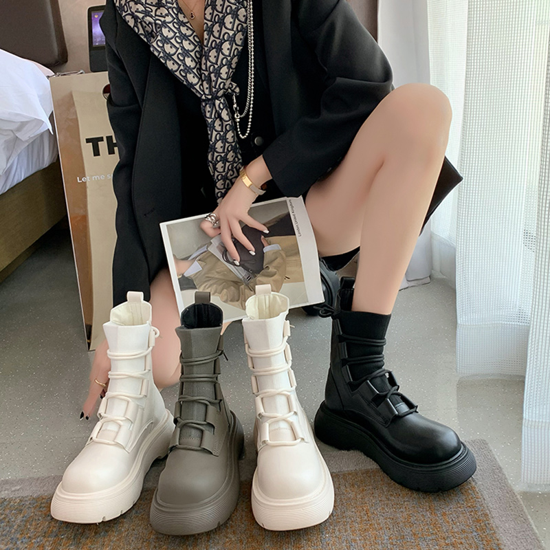 秋冬季休闲新款马丁靴女春秋单靴冬中筒弹力飞织袜靴厚底瘦瘦