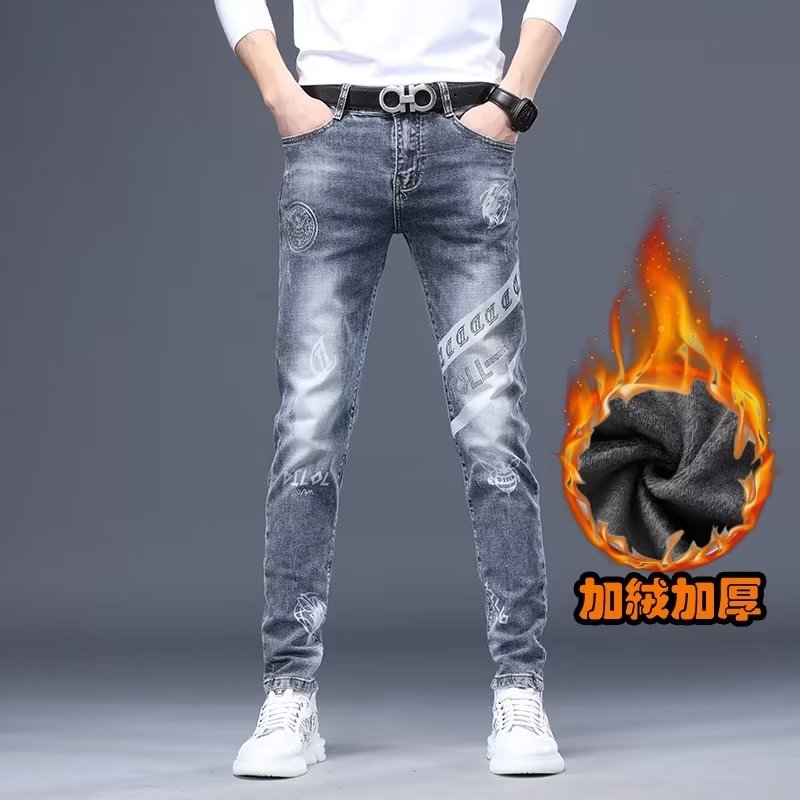 秋冬季新款欧货高端印花牛仔裤男加绒加厚潮牌修身小脚休闲长裤子
