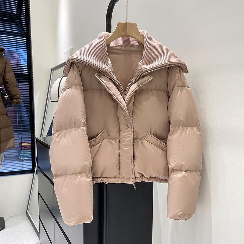 羽绒服2023棉服冬装新款重工针织大翻领小个子短款羽绒加厚面包服