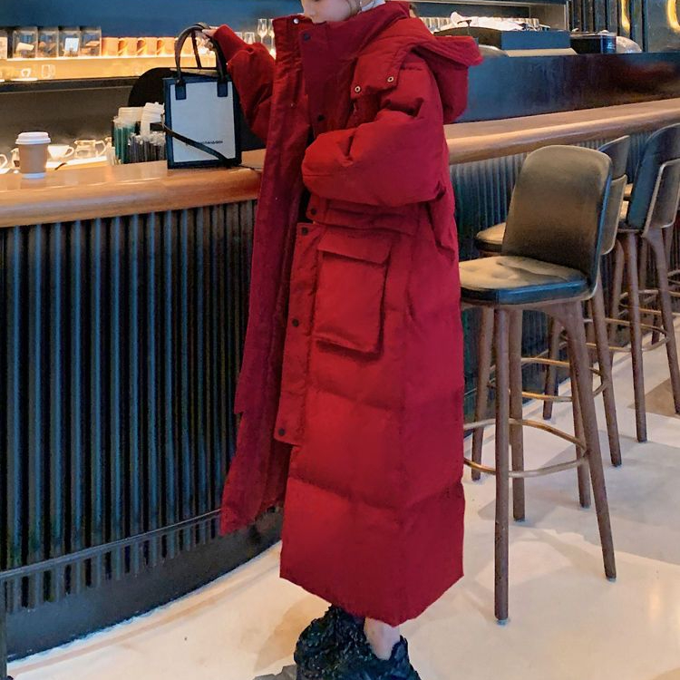 羽绒服2023棉服特大码300斤红色羽绒女长款过膝冬装宽松加棉加厚