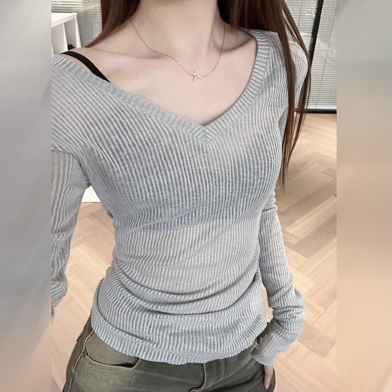 V领针织长袖t恤女秋季2025新款美式修身微透薄款辣妹防晒罩衫上衣