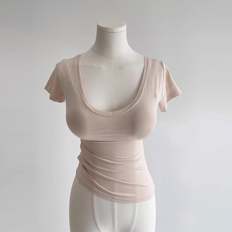 纯欲紧身V领短袖t恤女夏季2025新款主播茶艺低领性感白色正肩上衣
