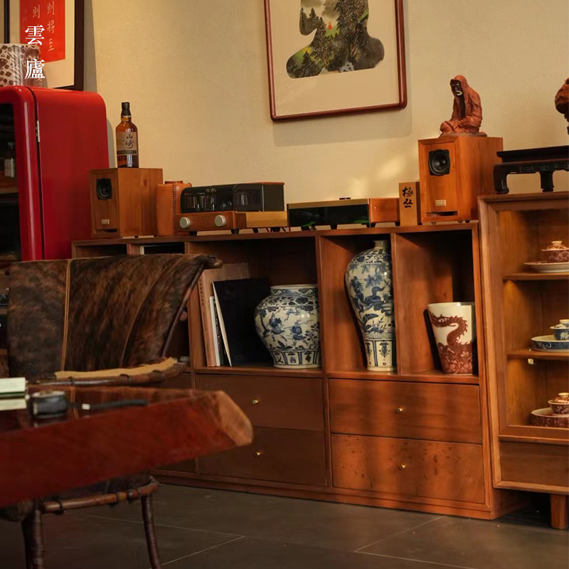 雲廬 老株木简约书柜杂志柜唱片柜客厅一体立柜复古储物展示柜子
