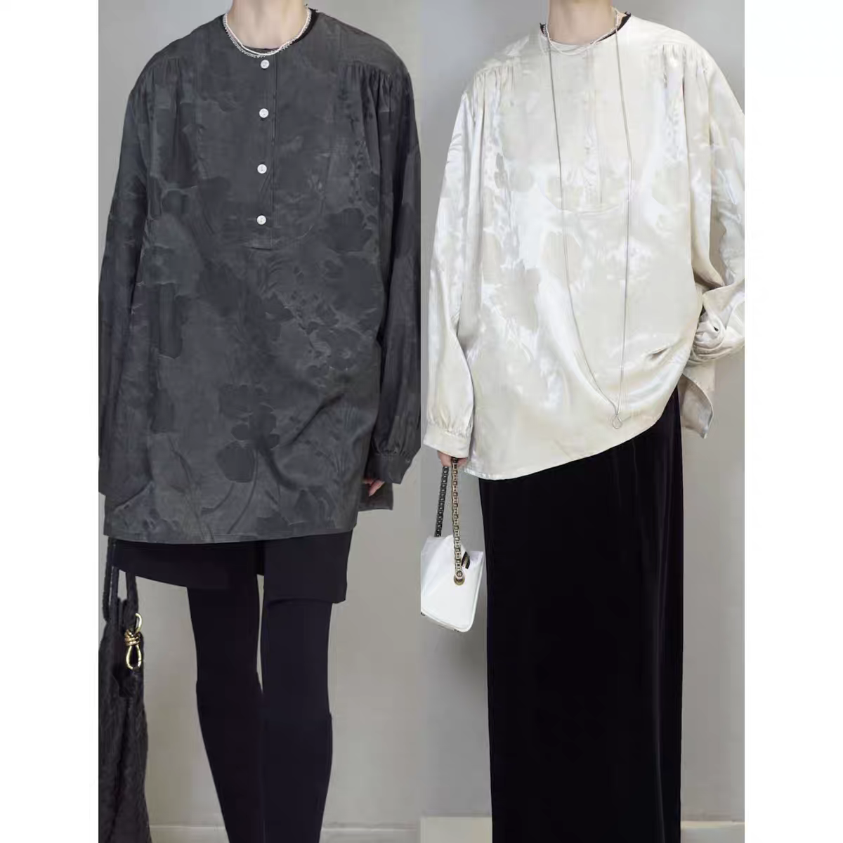 东方摩登 茶花提花缎桑 蚕 丝圆领宽松衬衫新款上衣