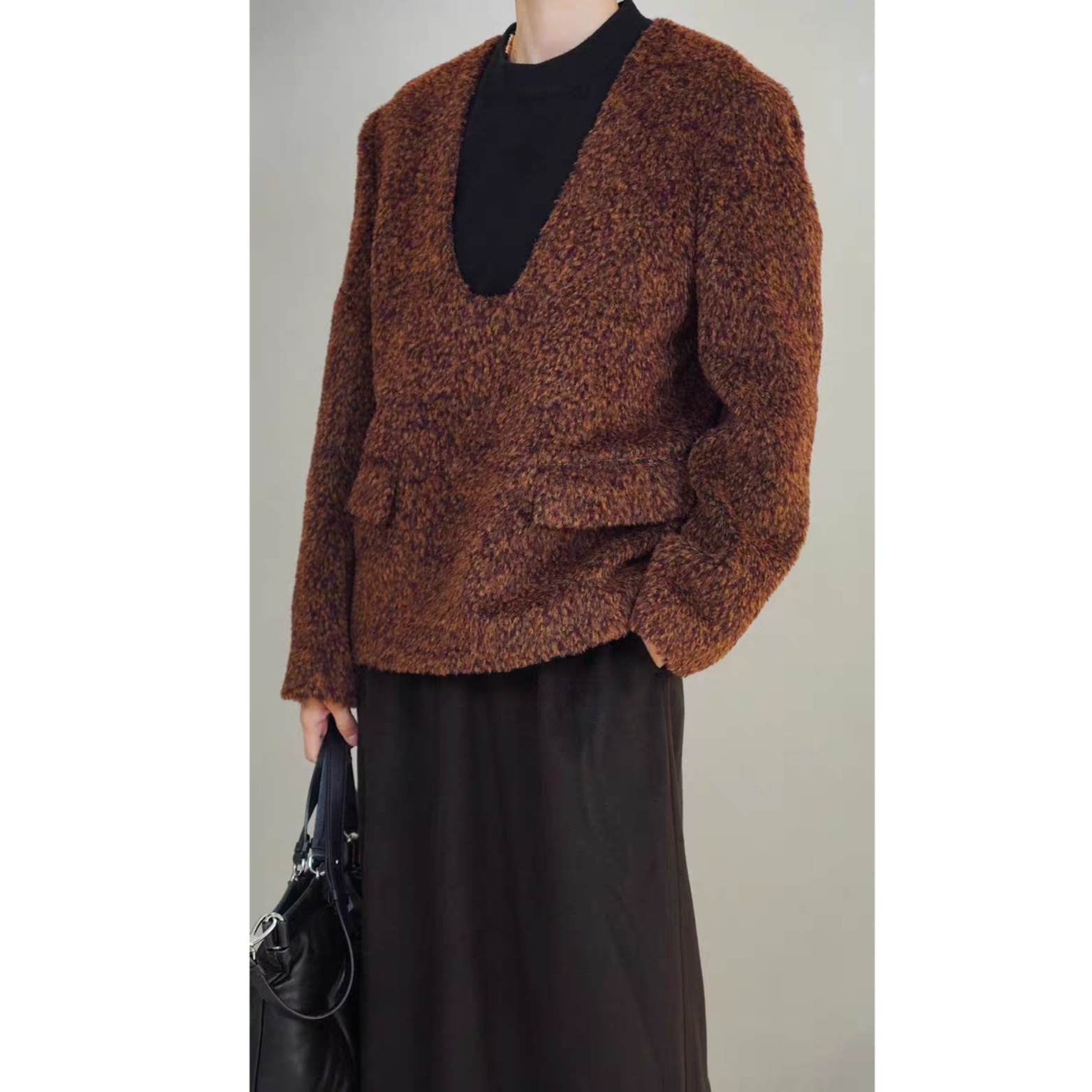 嵿级配色_巅峰秘鲁原装进口无染色羊驼毛经典U领设计卫衣外套