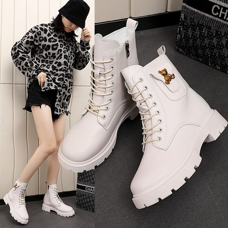 秋冬季回力休闲白色马丁靴侧拉链中跟靴子短筒平底时尚ins百搭女