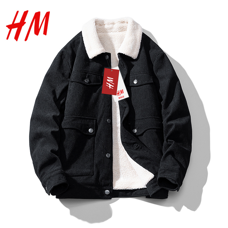 HM旗舰店官网秋冬加绒加厚保暖棉衣百搭翻领复古羊羔绒大码男棉服
