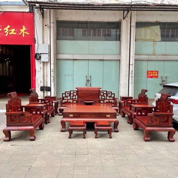 红黑料14公分卷书大富贵沙发13件套 原木生磨榫卯工艺 坐板独板