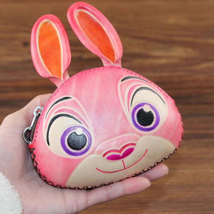 手工牛皮钥匙包卡包卡通动物十二生肖兔子零钱包真皮手挽钱包可爱