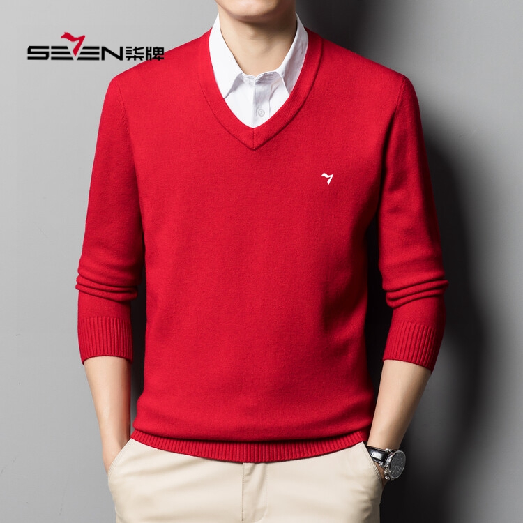 特价处理柒/牌男装纯羊毛衫男士毛衣保暖秋冬季针织红色打底衫男v