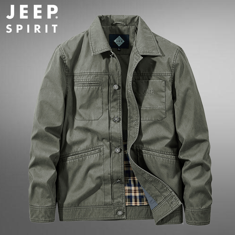JEEP吉普秋冬翻领夹克男潮牌休闲棉质百搭外套多口袋工装保暖上衣