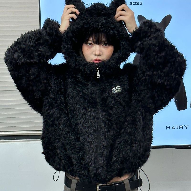 美式复古可爱兔耳朵毛绒绒慵懒风宽松加厚连帽秋冬款小众外套女潮