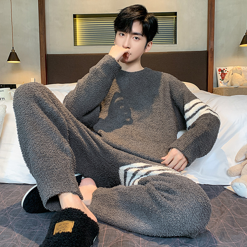 半边绒睡衣男长袖冬季加厚珊瑚绒秋冬款2025新款套头家居服冬套装